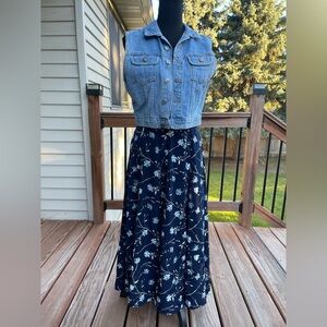 Vintage 90s Koret Midi Skirt Womens Size 14 Blue Floral Pockets Boho Hippie